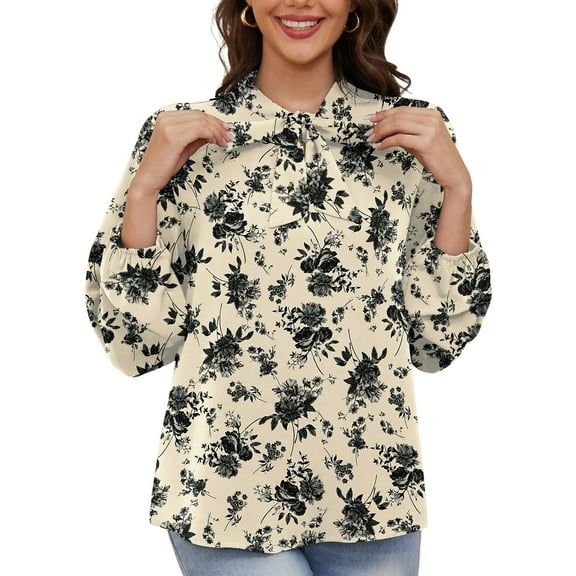 Asklazy Womens Dressy Chiffon Blouse Business Work Casual Tie Neck Shirt Tops,US Size,XL,Floral White
