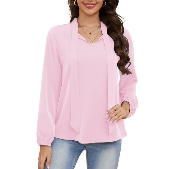 Asklazy Womens Dressy Chiffon Blouse Business Work Casual Tie Neck Shirt Tops,US Size,XL,Light Pink
