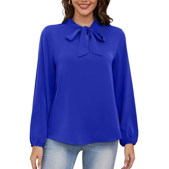 Asklazy Womens Dressy Chiffon Blouse Business Work Casual Tie Neck Shirt Tops,US Size,XL,Royal Blue