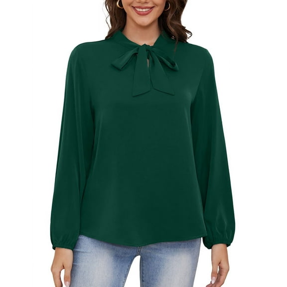 Asklazy Womens Dressy Chiffon Blouse Business Work Casual Tie Neck Shirt Tops,US Size,S,Dark Green