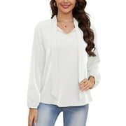 Asklazy Womens Dressy Chiffon Blouse Business Work Casual Tie Neck Shirt Tops,US Size,L,White