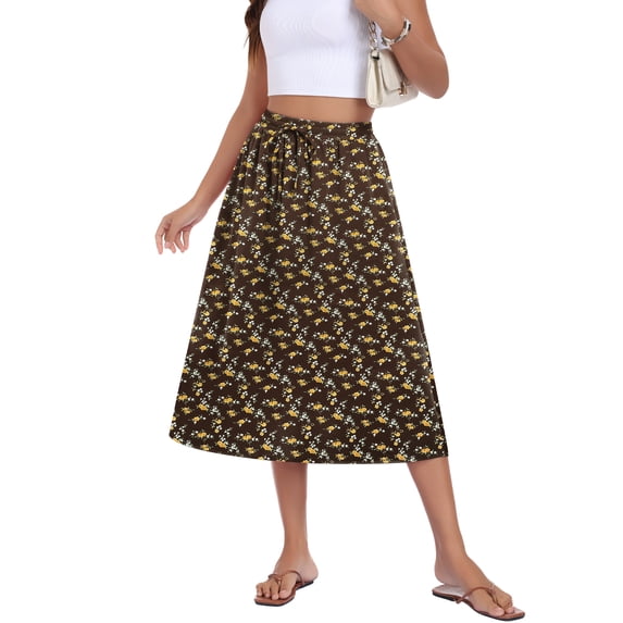 Asklazy Womens Flowy A-Line Long Skirt Pleated Elastic High Waist Drawstring Skirts with Pockets,Mother's Day,Brown Flower,L