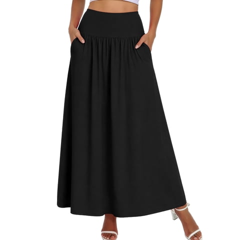 Womens Flowy Long Maxi Skirt A-Line Long Skirt with Pockets Elastic High Waist,Mother's Day ,Black,L