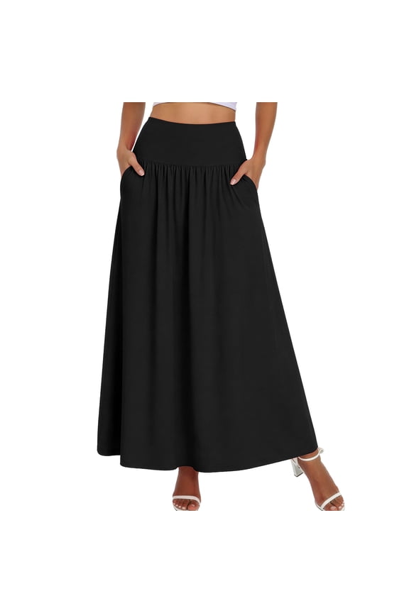 Womens Flowy Long Maxi Skirt A-Line Long Skirt with Pockets Elastic High Waist,Mother's Day ,Black,L