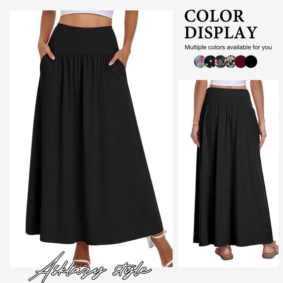Asklazy Womens Flowy Long Maxi Skirt A-Line Long Skirt with Pockets Elastic High Waist,Black,XL