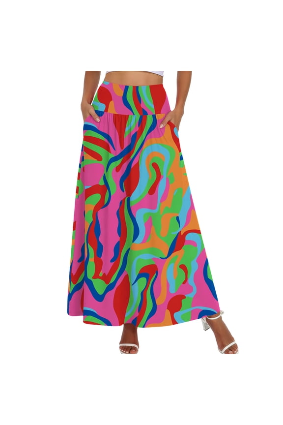Womens Flowy Long Maxi Skirt A-Line Long Skirt with Pockets Elastic High Waist,Mother's Day,Boho Print,L