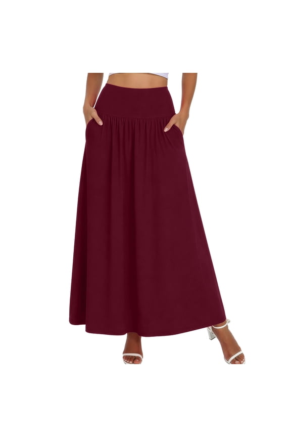 Womens Flowy Long Maxi Skirt A-Line Long Skirt with Pockets Elastic High Waist,Mother's Day ,Wine red,L