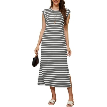 Asklazy Womens Striped Summer Dresses Crew Neck Sleeveless Casual Long Maxi Dress,L,Gray