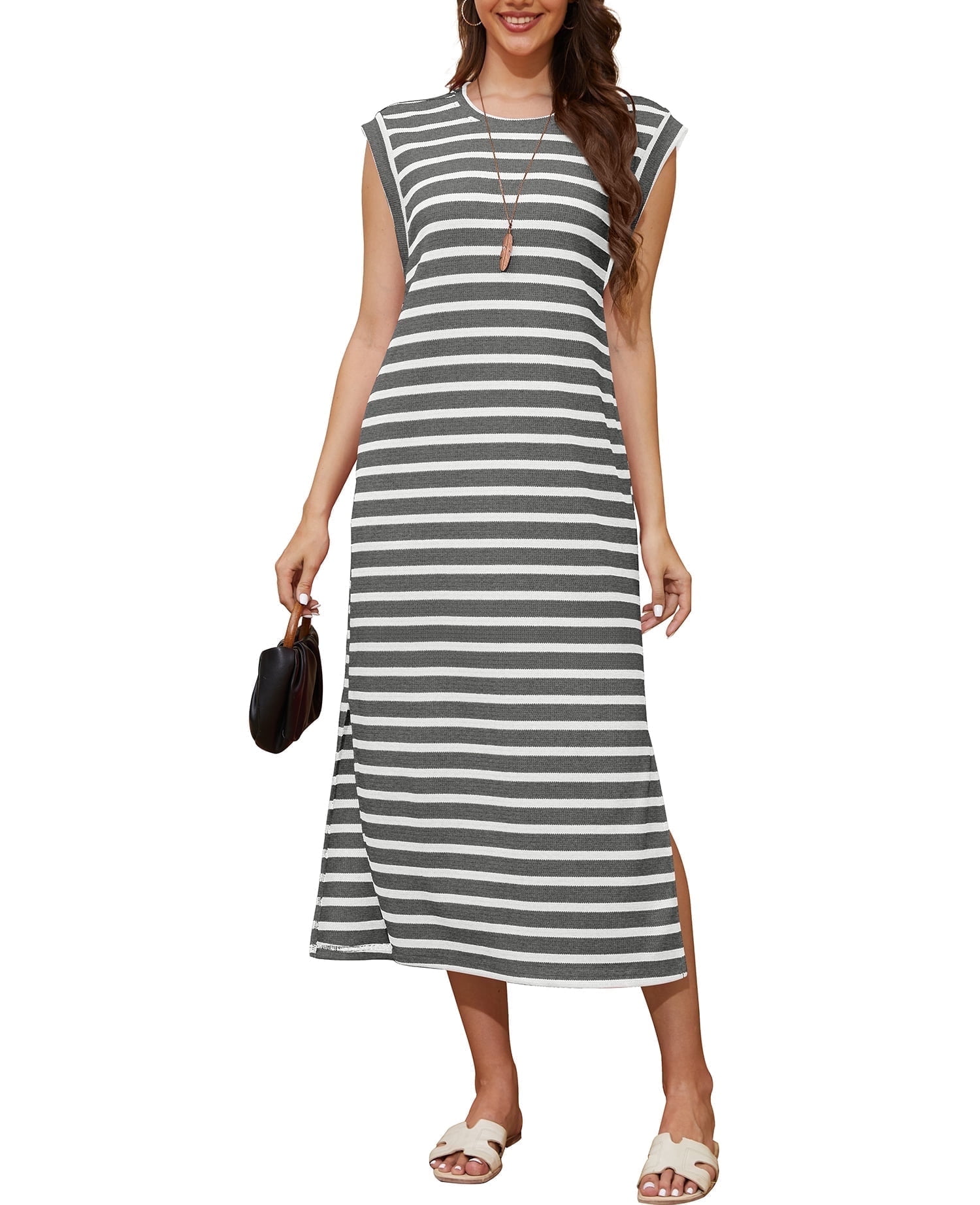 Asklazy Womens Striped Summer Dresses Crew Neck Sleeveless Casual Long Maxi  Dress,L,Gray,Mother's Day , - Walmart.com
