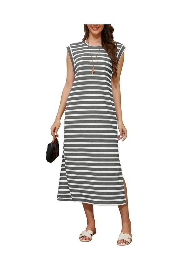 Womens Striped Summer Dresses Crew Neck Sleeveless Casual Long Maxi Dress,L,Gray,Mother's Day ,