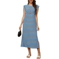 thumbnail image 1 of Asklazy Women’s Summer Striped Waffle Knit Maxi Dress, Round Neck Casual Loose Long Vacation Dress with Pockets, Wrinkle-Free,2XL,Blue, 1 of 12
