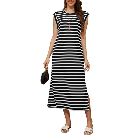 Asklazy Womens Striped Summer Dresses Crew Neck Sleeveless Casual Long Maxi Dress,US Size,L,Black White