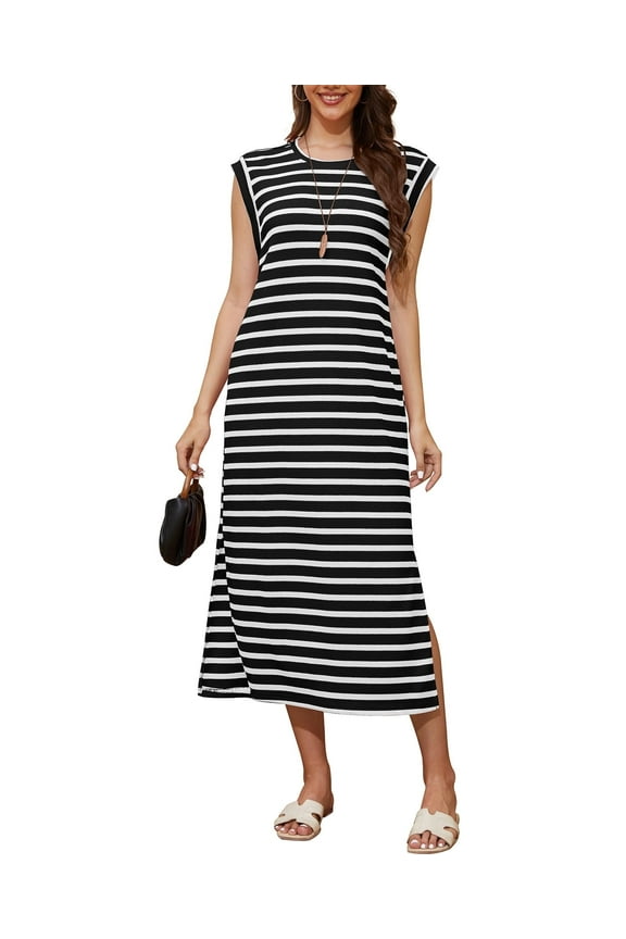 Women’s Summer Striped Waffle Knit Maxi Dress, Round Neck Casual Loose Long Vacation Dress with Pockets, Wrinkle-Free,L,Black