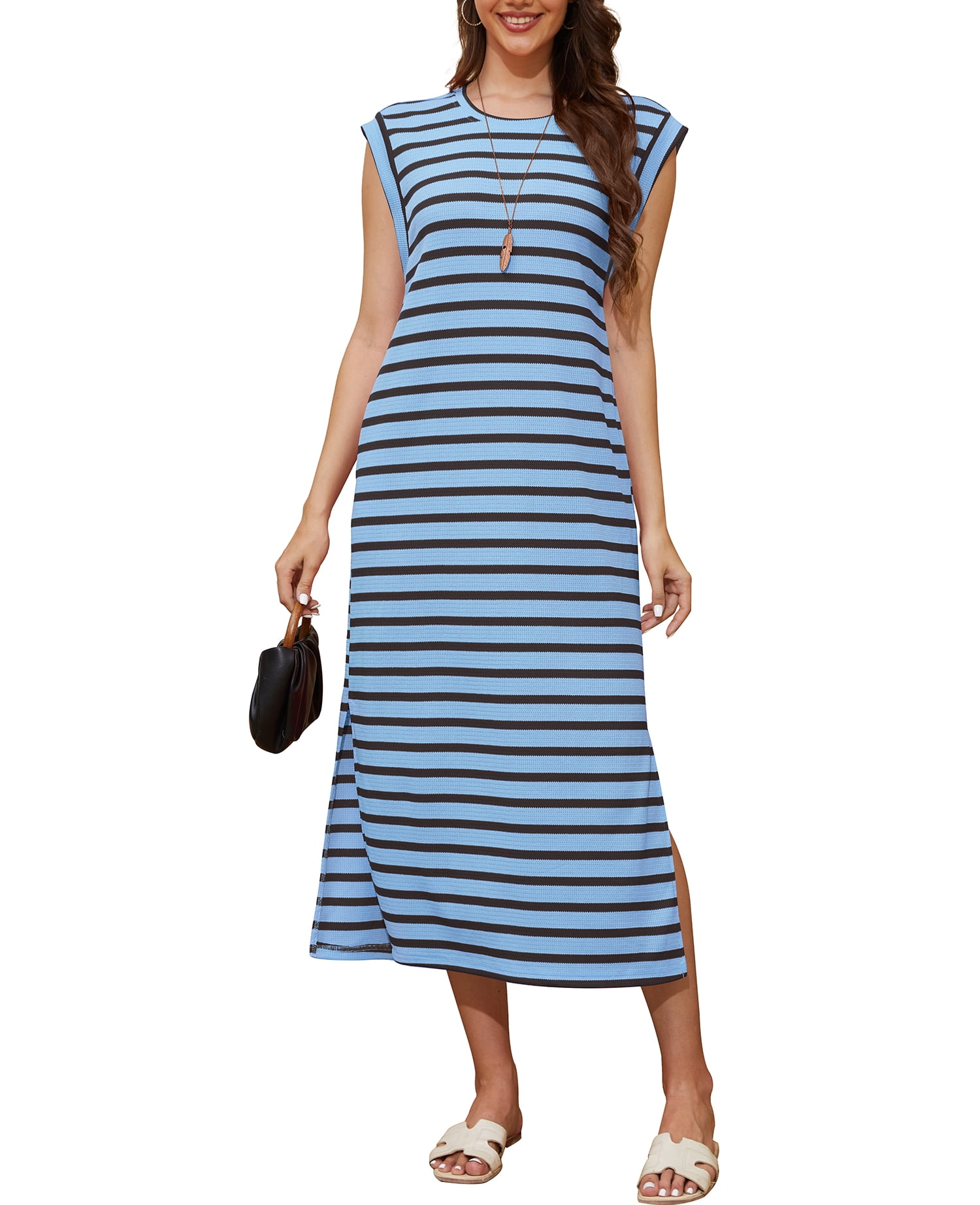 Asklazy Womens Maxi Dresses Crew Neck Sleeveless Casual Long Dress,L,Blue Black,Mother's Day