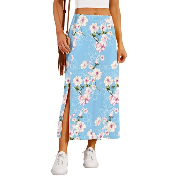 Asklazy Women's Casual Elegant Elastic High Waist Side Split Floral Lilies Midi Skirt