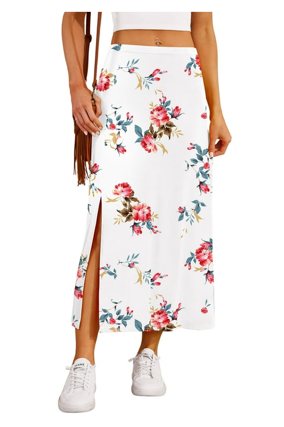 Women's Casual Elegant Elastic High Waist Side Split Floral Lilies Midi Skirt