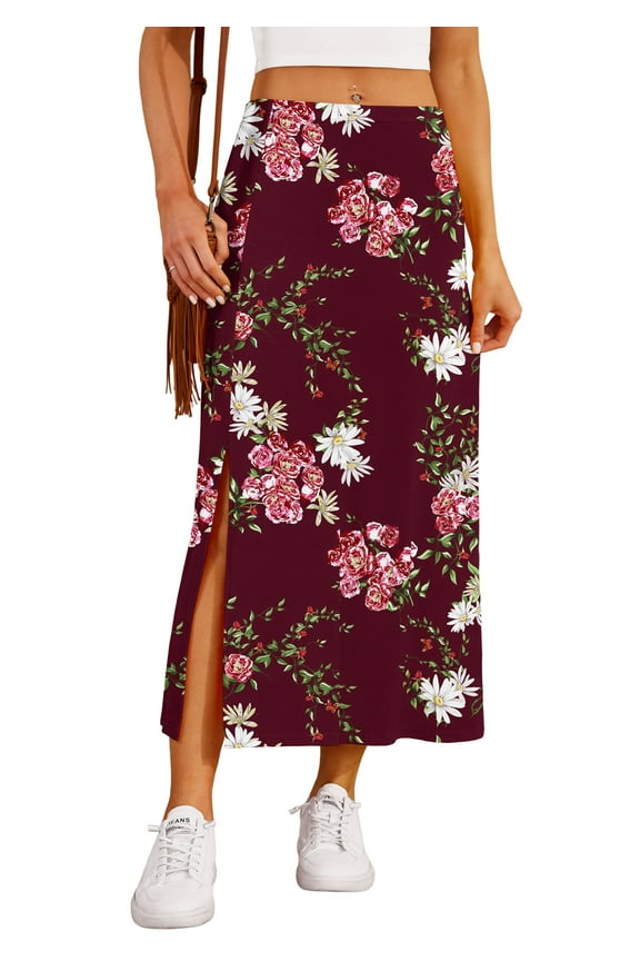 Women's Casual Elegant Elastic High Waist Side Split Floral Lilies Midi Skirt