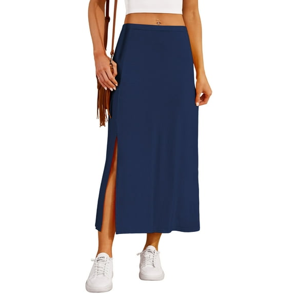 Asklazy Women's Casual Elegant Elastic High Waist Side Split Floral Lilies Midi Skirt