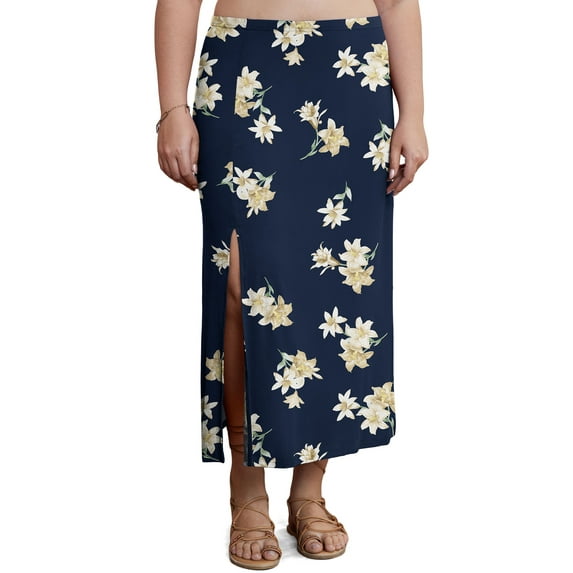 Asklazy Women's Casual Elegant Elastic High Waist Side Split Floral Lilies Midi Skirt