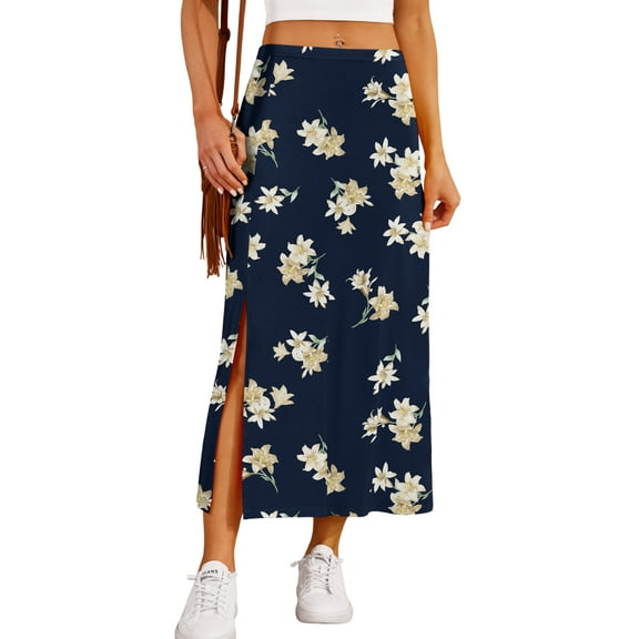Asklazy Women's Casual Elegant Elastic High Waist Side Split Floral Lilies Midi Skirt