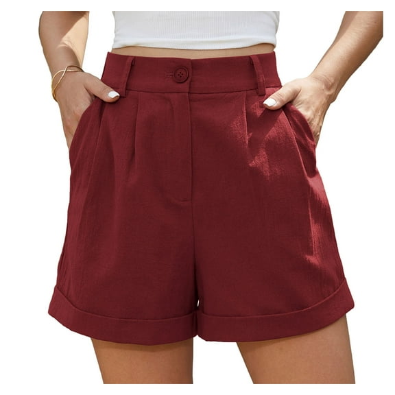 Asklazy Womens Summer High Waist Linen Shorts Roll Up Pleated Zippered Wrap Hem Wide Leg Shorts with Pockets,US Size,2XL,Wine Red