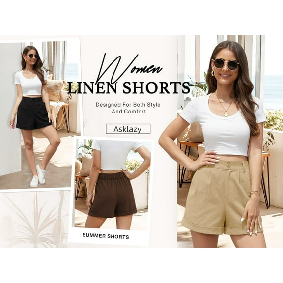 Asklazy Womens Summer High Waist Linen Shorts Roll Up Pleated Zippered Wrap Hem Wide Leg Shorts with Pockets,US Size,L,Amy Green