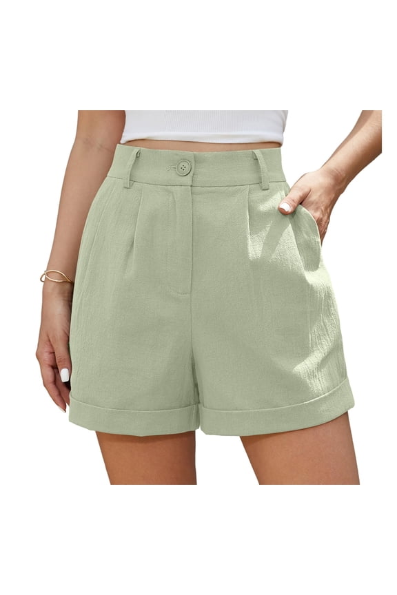 Womens Summer High Waist Linen Shorts Roll Up Pleated Zippered Wrap Hem Wide Leg Shorts with Pockets,US Size,M,Amy Green