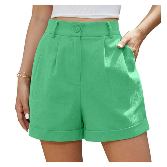 Asklazy Womens Summer High Waist Linen Shorts Roll Up Pleated Zippered Wrap Hem Wide Leg Shorts with Pockets,US Size,XL,Bright Green