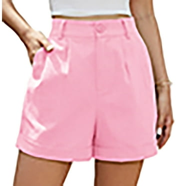 Asklazy Womens Summer High Waist Linen Shorts Roll Up Pleated Zippered Wrap Hem Wide Leg Shorts with Pockets,US Size,XL,Pink