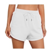 Asklazy Womens Sweat Shorts with Pockets Cotton Trendy Drawstring Summer Workout Running Casual Lounge Athletic Shorts for Women,Mother‘s Day,White,2XL