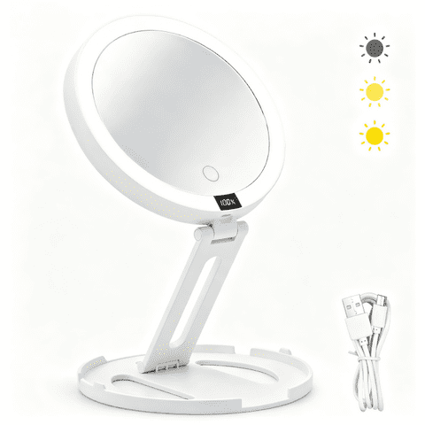 Askmuse Travel Makeup Mirror with Lights,1X/20X Magnifying Mirror with Touch Switch, 3 Color Dimmable,Portable Folding Mirror for Desk,Travel