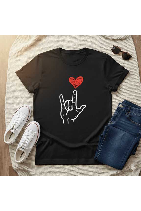 Asl I Love You Hand Sign Heart Language Valentine T-Shirt, for Men & Women, up to Size 5XL