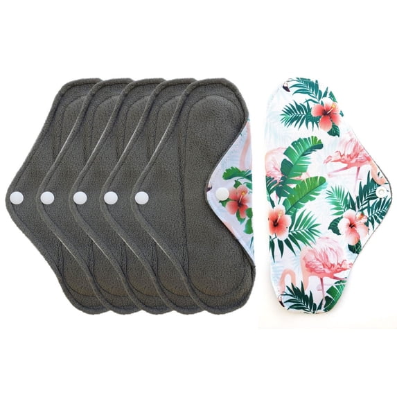 Aslana 6-Pack Women Cloth Menstrual Sanitary Pads with Wings. Reusable & Washable. 3 Sizes Available for Overnight Heavy flow, Daily flow or Pantyliner.