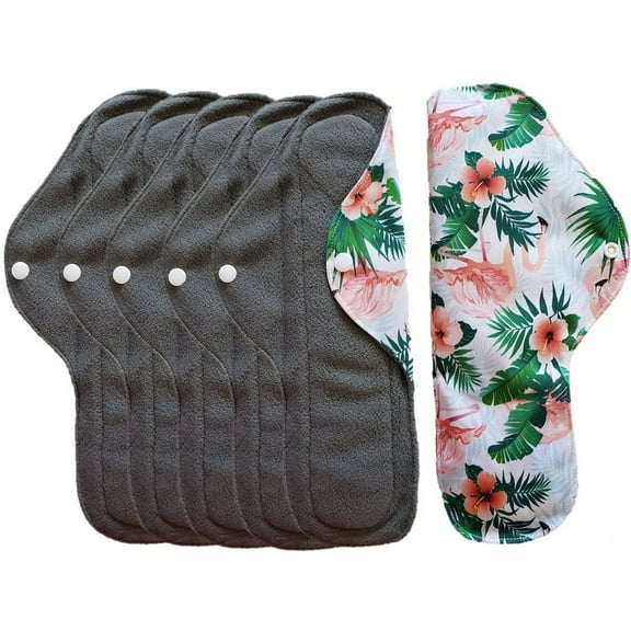 Aslana 6-Pack Women Cloth Menstrual Sanitary Pads with Wings. Reusable & Washable. 3 Sizes Available for Overnight Heavy flow, Daily flow or Pantyliner.