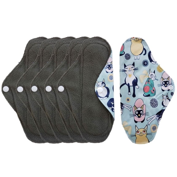 Aslana 6-Pack Women Cloth Menstrual Sanitary Pads with Wings. Reusable & Washable. 3 Sizes Available for Overnight Heavy flow, Daily flow or Pantyliner.
