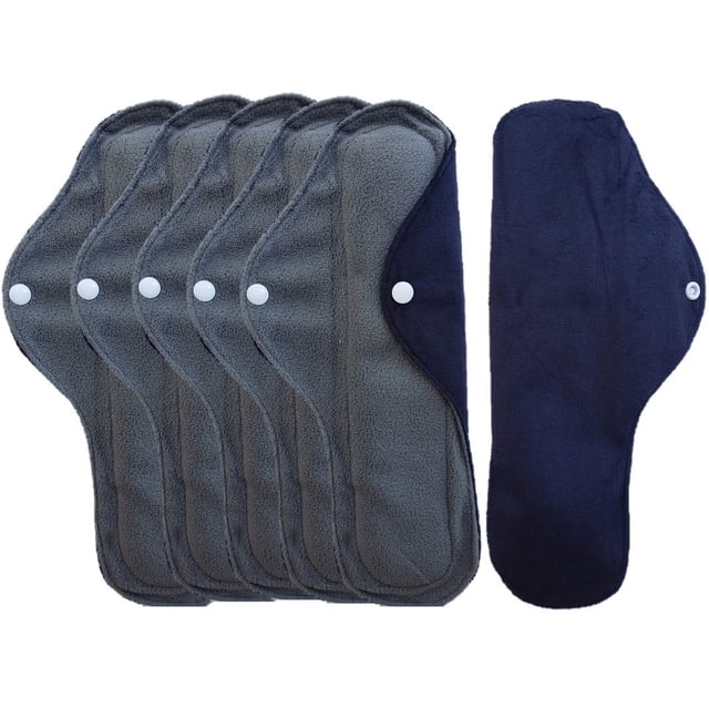 Aslana 6-Pack Women Cloth Menstrual Sanitary Pads with Wings. Reusable & Washable. 3 Sizes Available for Overnight Heavy flow, Daily flow or Pantyliner.