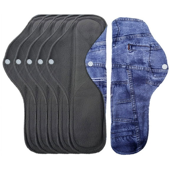 Aslana 6-Pack Women Cloth Menstrual Sanitary Pads with Wings. Reusable & Washable. 3 Sizes Available for Overnight Heavy flow, Daily flow or Pantyliner.