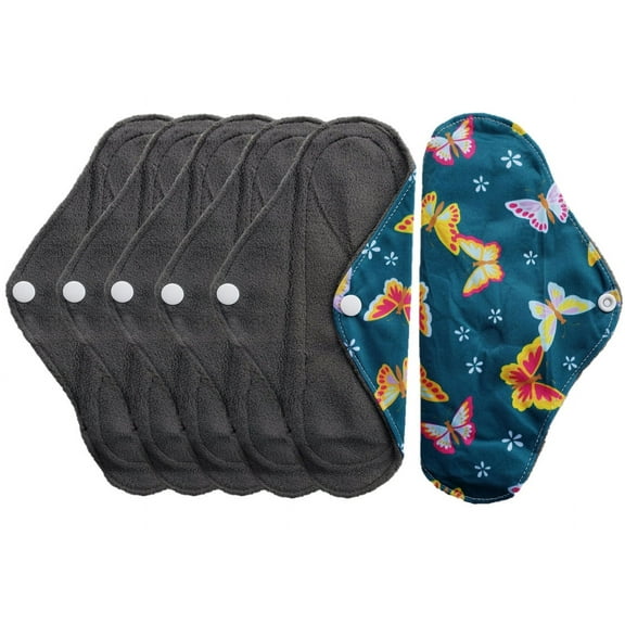 Aslana 6-Pack Women Cloth Menstrual Sanitary Pads with Wings. Reusable & Washable. 3 Sizes Available for Overnight Heavy flow, Daily flow or Pantyliner.