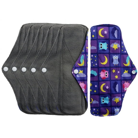 Aslana 6-Pack Women Cloth Menstrual Sanitary Pads with Wings. Reusable & Washable. 3 Sizes Available for Overnight Heavy flow, Daily flow or Pantyliner.