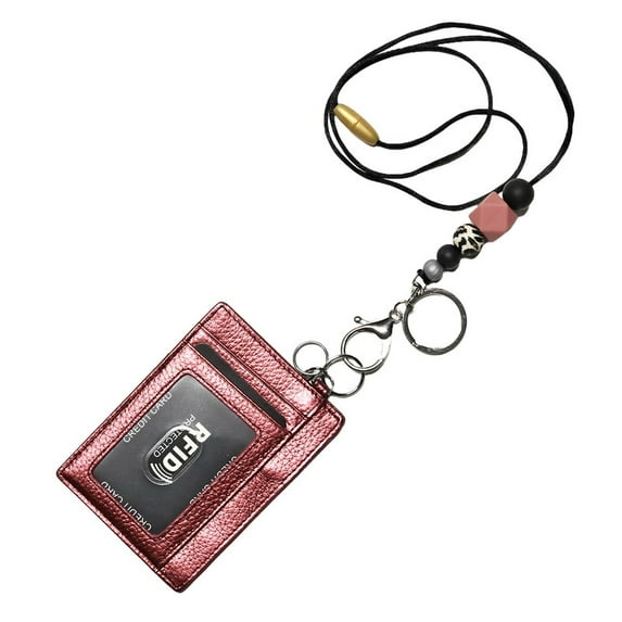 Aslana Genuine Leather Slim Minimalist Front Pocket Wallets with Metal Chain and Lanyard, Credit Card Holder ID Badge Case, RFID Blocking - Card Holder & Beaded Lanyard