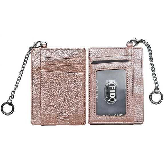 Aslana Genuine Leather Slim Minimalist Front Pocket Wallets with Metal Chain, Credit Card Holder ID Badge Case, RFID Blocking - Card Holder ONLY