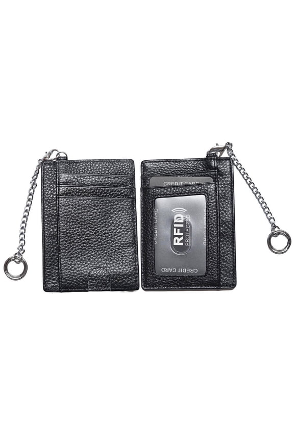 Genuine Leather Slim Minimalist Front Pocket Wallets with Metal Chain, Credit Card Holder ID Badge Case, RFID Blocking - Card Holder ONLY