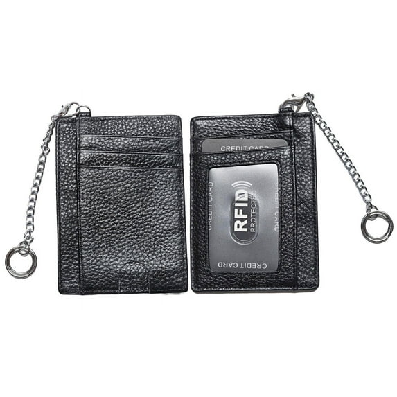 Aslana Genuine Leather Slim Minimalist Front Pocket Wallets with Metal Chain, Credit Card Holder ID Badge Case, RFID Blocking - Card Holder ONLY