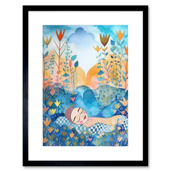 Asleep In The Meadow Folk Art Artwork Framed Print Wall Art 9X7 Inch