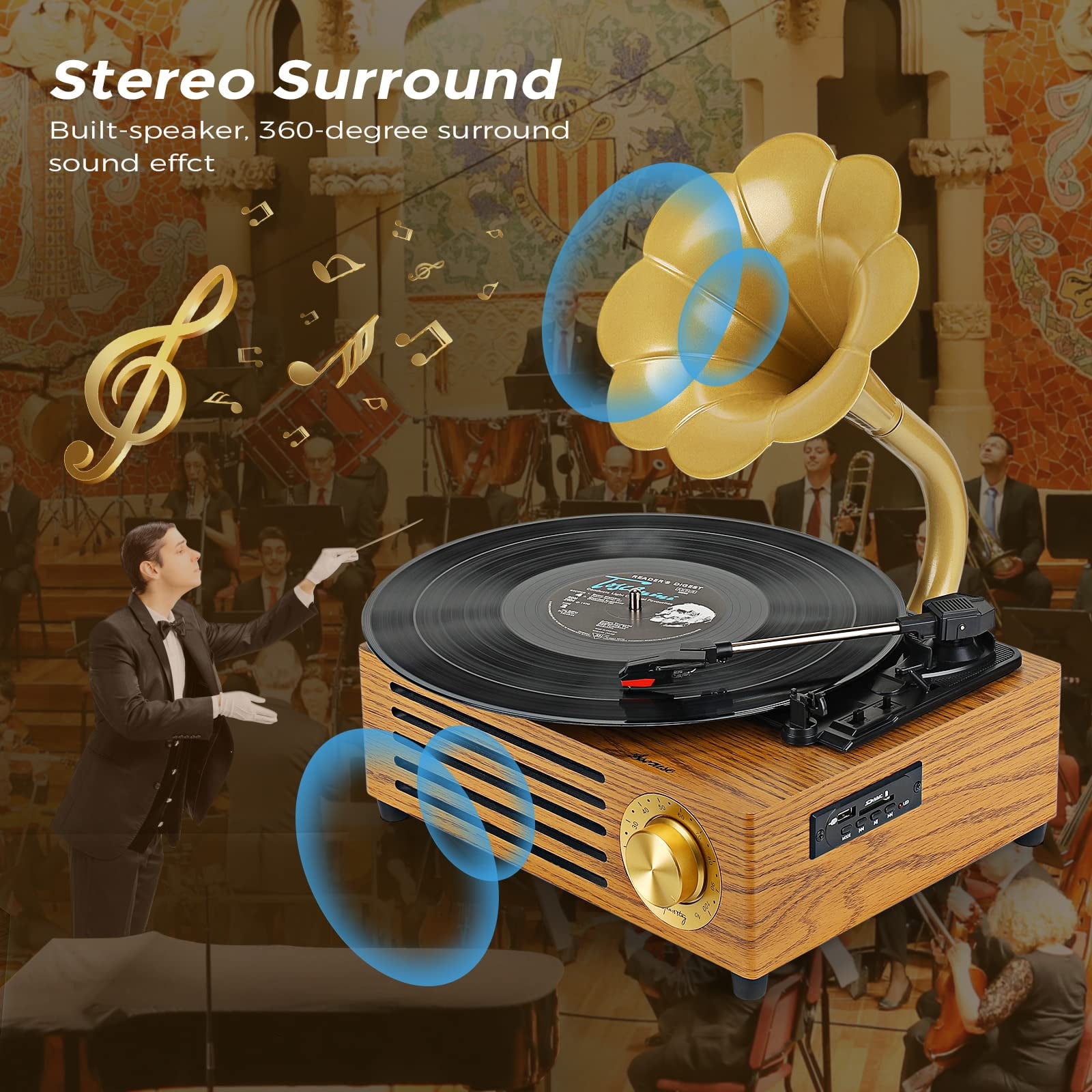Asmuse Vinyl Record Player, Turntable Bluetooth Vintage Gramophone