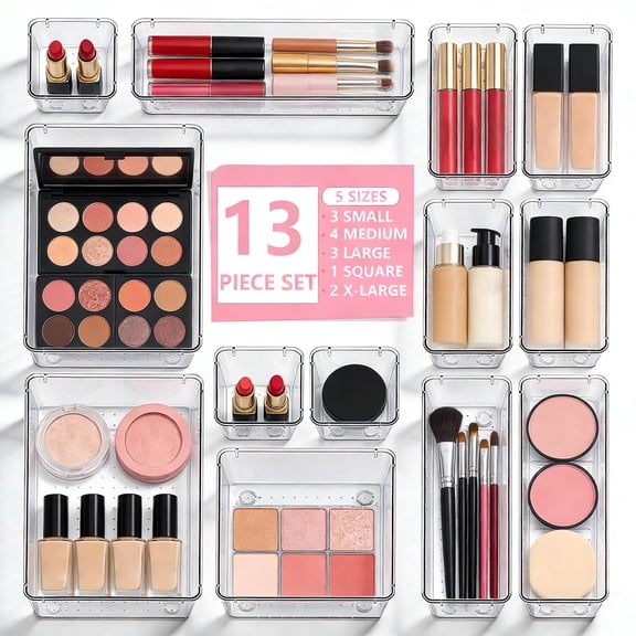 Asnews 13 Pcs Plastic Drawer Organizers Set, Makeup and Desk Drawer Organizer Trays, Vanity Organizer for Makeup, Jewelry, Bedroom, Bathroom, Office