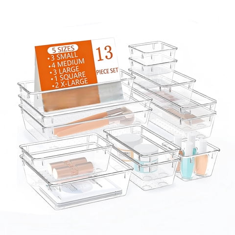 Asnews 13 Pcs Plastic Drawer Organizers Set, Makeup and Desk Drawer Organizer Trays, Vanity Organizer for Makeup, Jewelry, Bedroom, Bathroom, Office