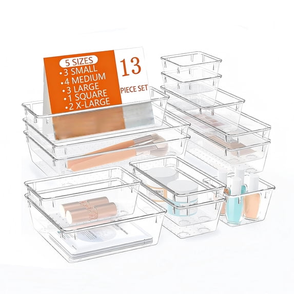 Asnews 13 Pcs Plastic Drawer Organizers Set, Makeup and Desk Drawer Organizer Trays, Vanity Organizer for Makeup, Jewelry, Bedroom, Bathroom, Office