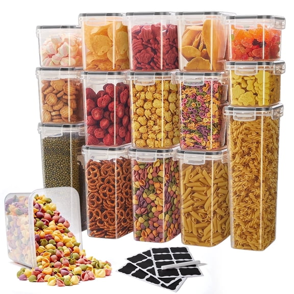 Asnews 15 Pcs Airtight Food Storage Containers with Lids, Kitchen Storage Container for Cereal, Dry Food, Flour and Sugar, BPA-Free, Includes 24 Labels