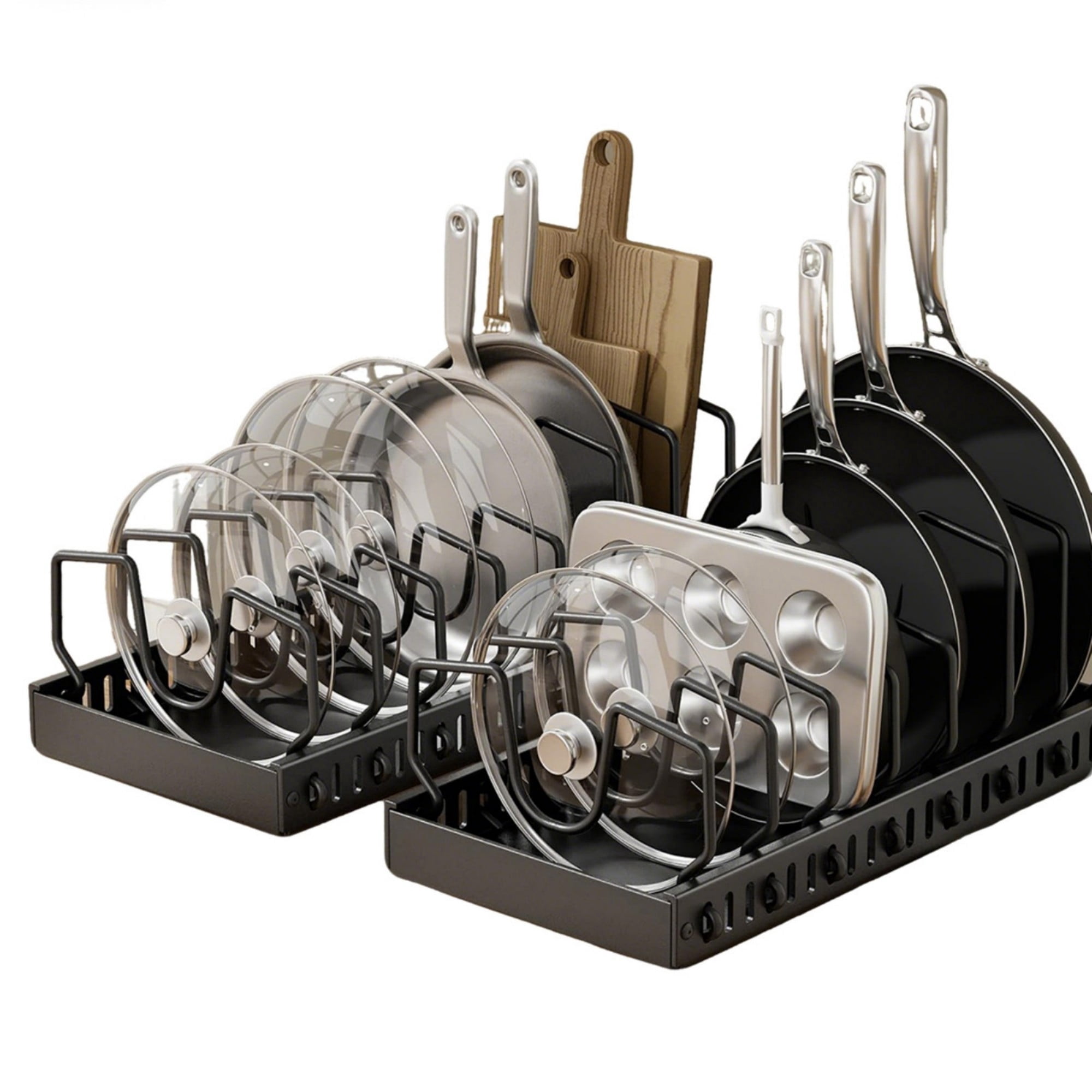 YHIPL 2 Pack Pots and Pans Organizer Under Cabinet, Pull Out Pot Lid Organizer Holder with 16 Adjustable Dividers, Kitchen Countertop Lid Holder for Pot Lid, Bakeware, Dishes Storage